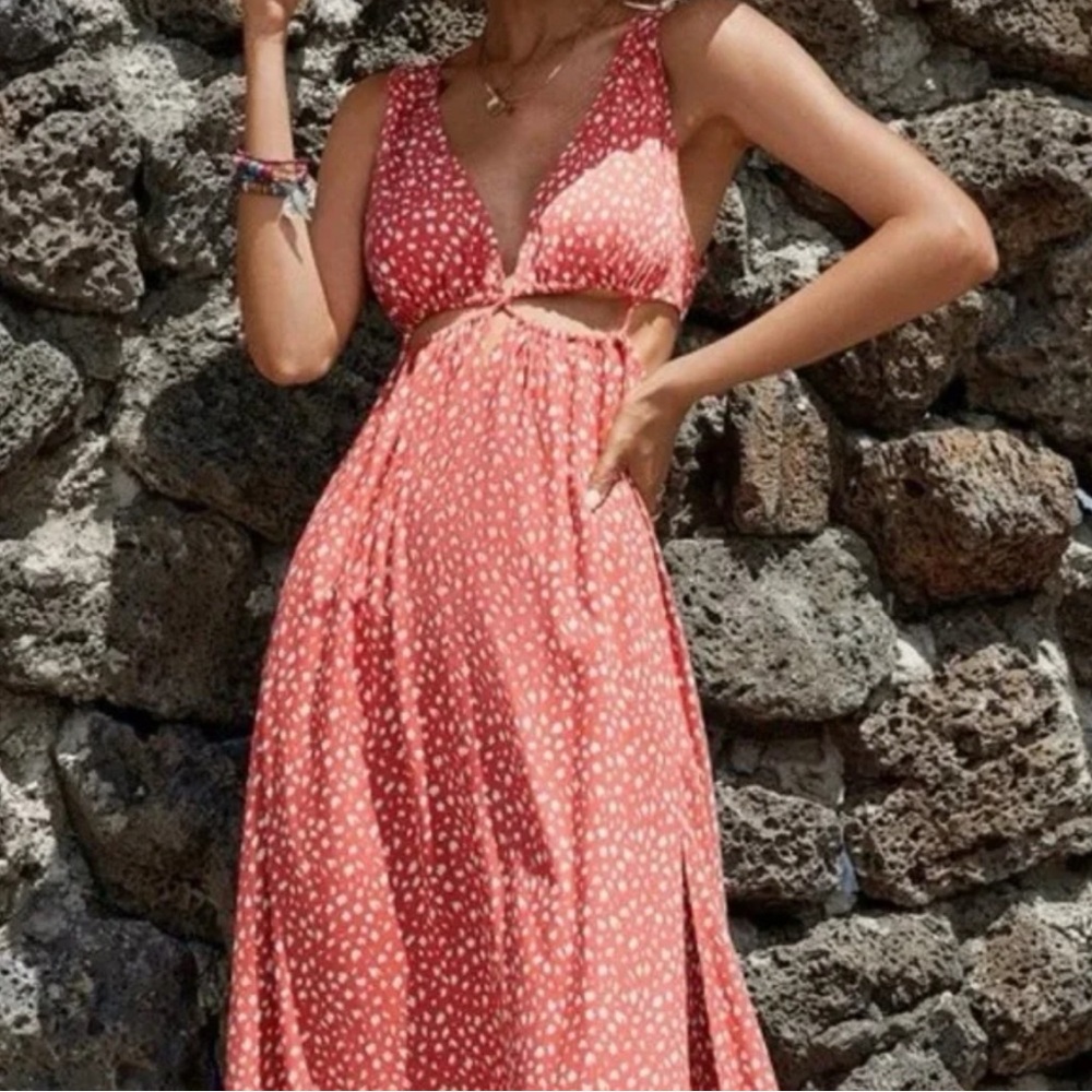 SHEIN Red Sleeveless Dress with White Pattern